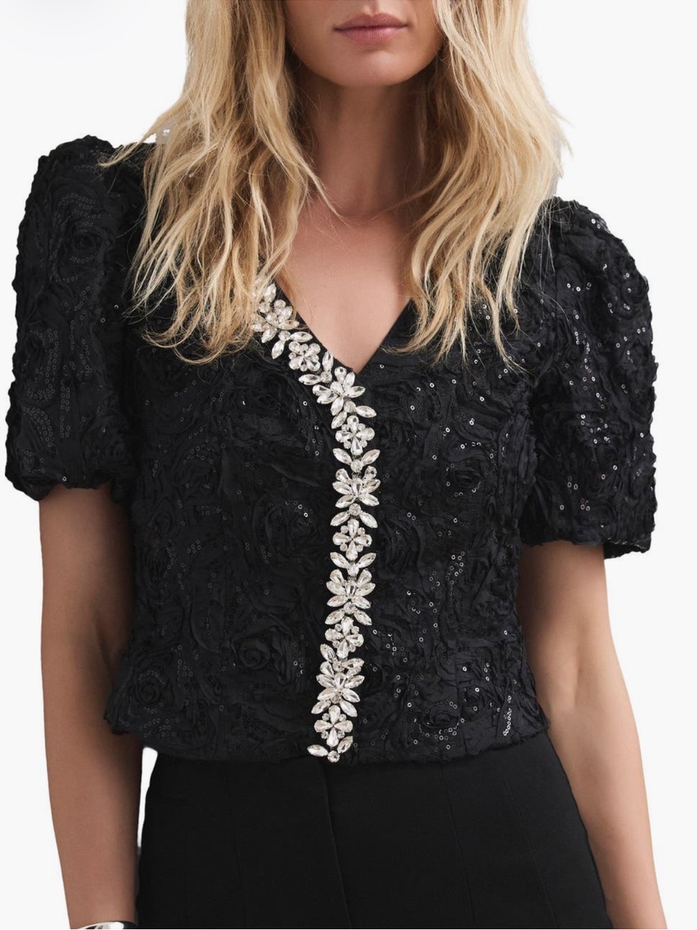 Embellished Puff Sleeve Sequin Top